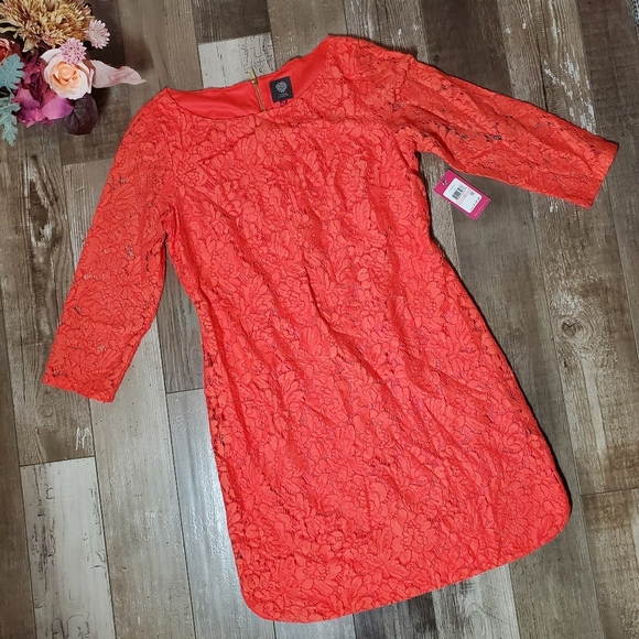 NWT Vince Camuto Lace Coral Pink Orange Sheath Dress Women's Size 10 3/4 Sleeves - Picture 14 of 16